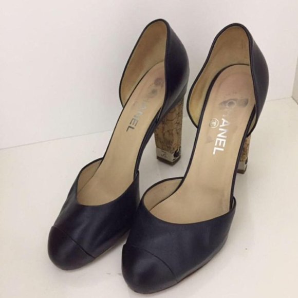 Authentic Chanel Black Leather Cork Heels EU 38.5 - Picture 1 of 6